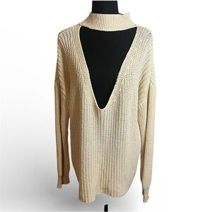 ZARA Knit Sweater Sz M Avant Garde Deep V Cutout High Colllar Cream Cotton Baggy